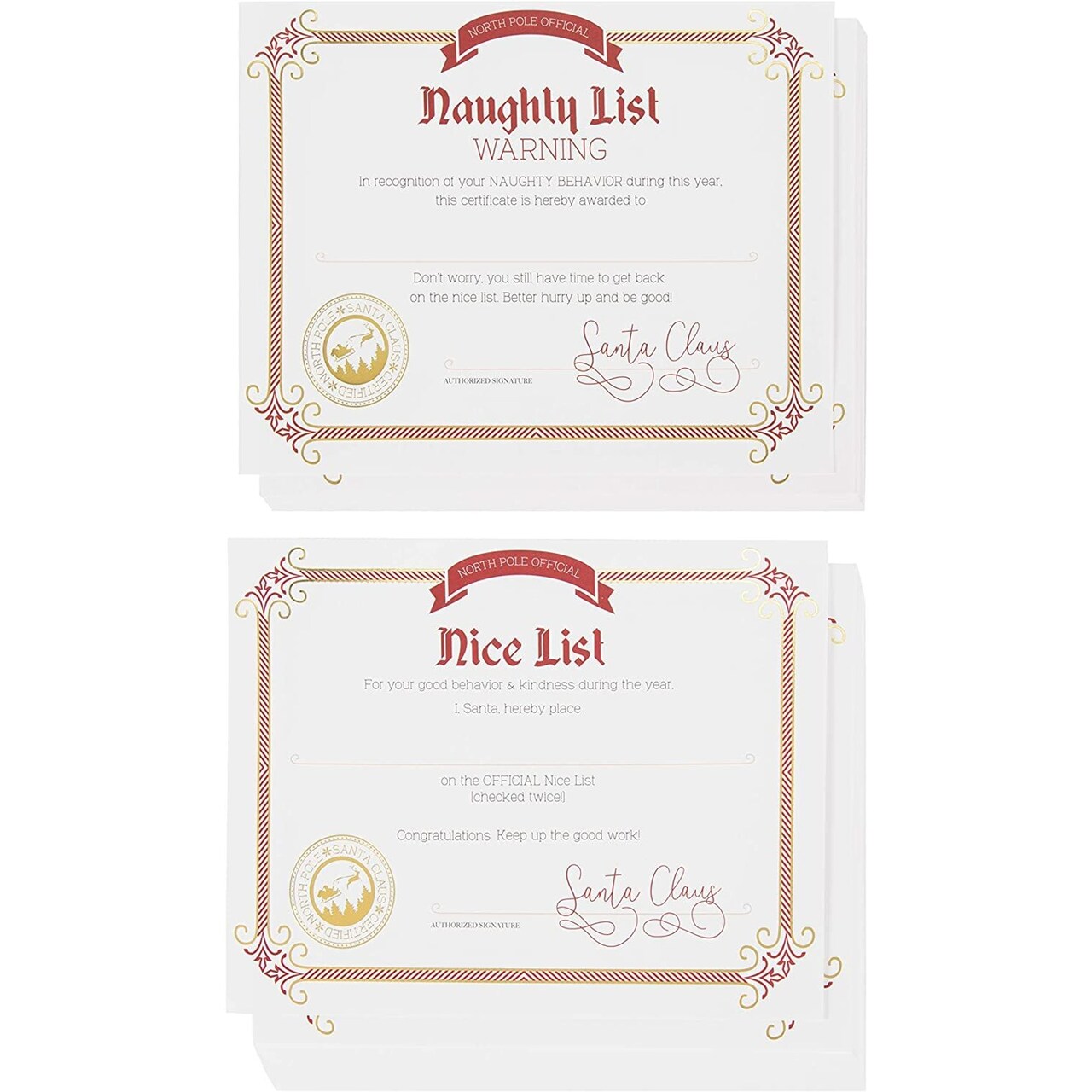 Nice and Naughty List Certificates - 48-Pack Christmas Certificate Paper from Santa Claus, Xmas Party Favors, Gold Foil Print Design, 36 Nice List 12 Naughty List, 180 GSM, 11 x 8.5 Inches